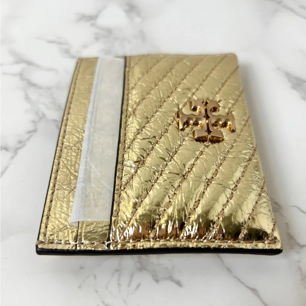 New Tory Burch Kira Metallic Crinkled Leather Gold Card Case